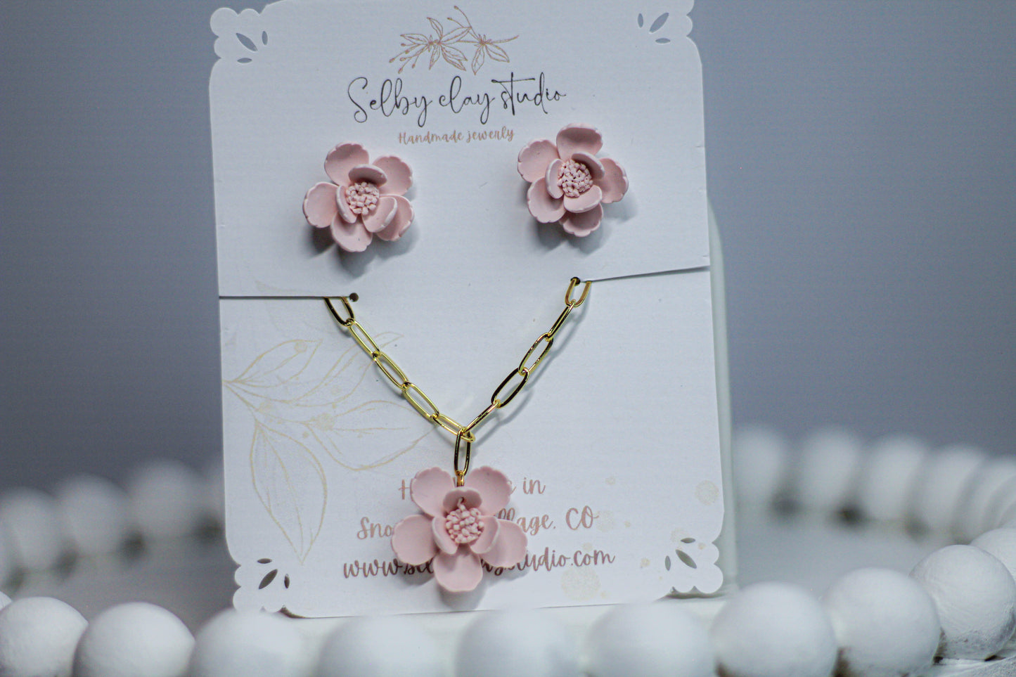 PA pink flower necklace earring set