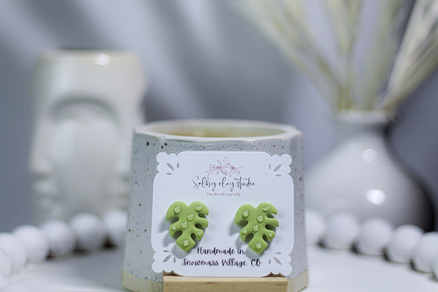 Matcha monstera stud