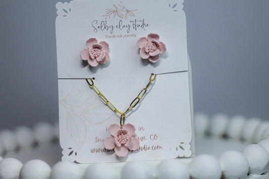 PA pink flower necklace earring set